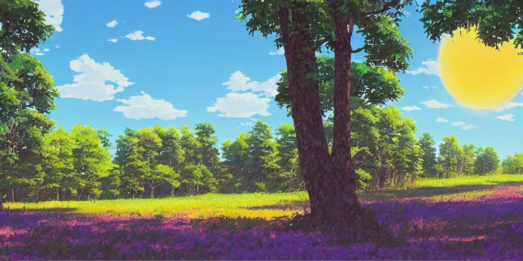 Prompt: empty village runway panorama in the woods with beautiful sky and giant sun, bloom, on, painting by ghibli pixar ghibli disney traditional gouache painting