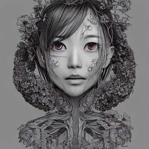 Image similar to the head of an unbelievably elegant and cute japanese girl partially made of potatoes roots and violets, an ultrafine detailed illustration by james jean, final fantasy, intricate linework, bright colors, behance contest winner, vanitas, angular, altermodern, unreal engine 5 highly rendered, global illumination, radiant light, detailed and intricate environment