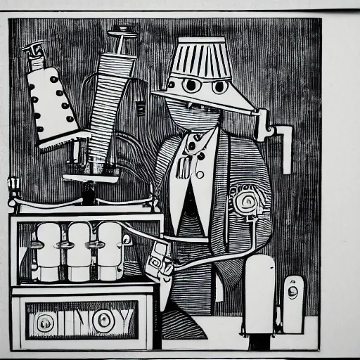 Prompt: etching of an anthropomorphic factory machine in the style of boris artzybasheff