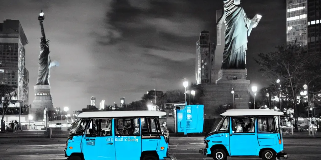 Image similar to a lonely blue tuk tuk with the statue of liberty in the background, night, full color