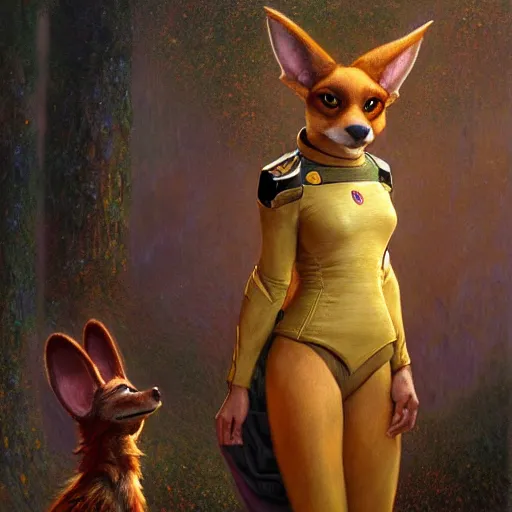 Image similar to a portrait of an female canine alien scales in starfleet uniform at night in a dark forest. zootopia fursona furaffinity furry art detailed face painting by gaston bussiere craig mullins jc leyendecker gustav klimt artgerm greg rutkowski furry