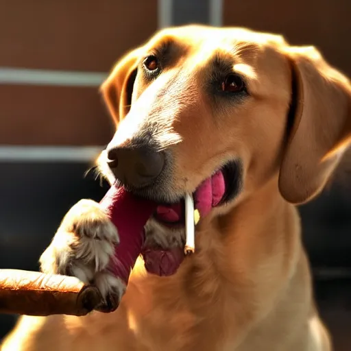 Prompt: a photograph of a dog with a cigar in its mouth