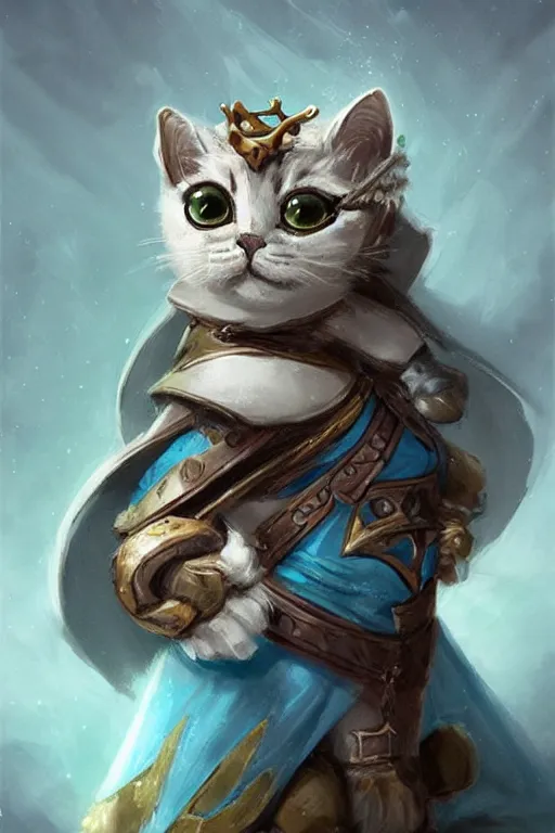 Image similar to cute little anthropomorphic cat knight wearing a cape and a crown, tiny, small, miniature cat , baby animal, short, pale blue armor, cute and adorable, pretty, beautiful, DnD character art portrait, matte fantasy painting, DeviantArt Artstation, by Jason Felix by Steve Argyle by Tyler Jacobson by Peter Mohrbacher, cinematic lighting