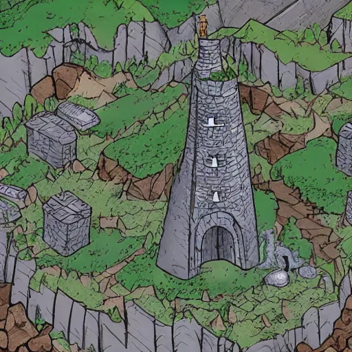 Prompt: Aerial view of a wizard tower next to a few mines and a few caves, lineart, colored