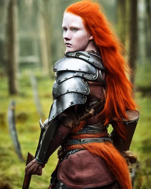 Image similar to north adult female warrior, red hair, ginger hair, long hair, fantasy, female Viking, high detailed, photography, cloudy, lightweight leather armour, Scandinavia, plain, detailed face, beautiful face, beautiful girl, look into the distance, professional model, glowing skin, serious face, full body,in full growth, professional photographer, masterpiece, 50 mm, 8k, 3D