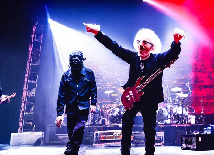 Image similar to publicity photo still of larry david touring with slipknot live on stage, 8 k, live concert lighting, mid shot