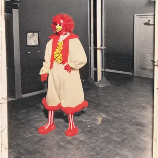 Prompt: vintage photo of a lost desperate Ronald McDonald in liminal Backrooms, ultrarrealistic