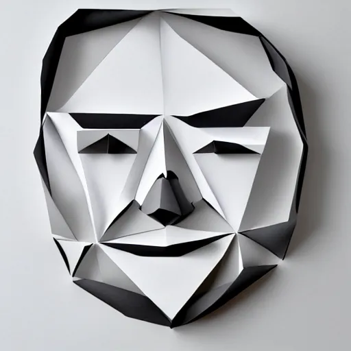 Image similar to a face made from layered paper, 2D, flat minimalistic, ambient light