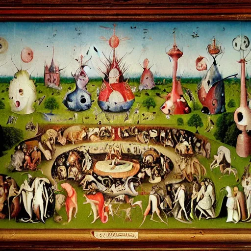 Prompt: additional characters from the garden of earthly delights by hieronymus bosch.