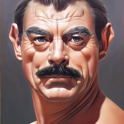 Image similar to ultra realistic head and shoulders portrait painting of tom selleck as a sphynx cat, art by frank frazetta, 4 k, ultra realistic, highly detailed, epic lighting