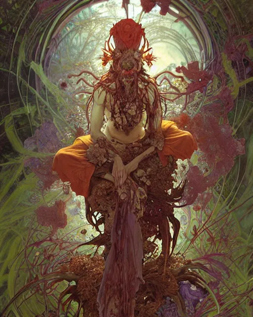 Image similar to the platonic ideal of flowers, rotting, insects and praying of cletus kasady carnage davinci dementor wild hunt chtulu mandelbulb mandala ponyo the witcher, d & d, fantasy, ego death, decay, dmt, psilocybin, concept art by randy vargas and greg rutkowski and ruan jia and alphonse mucha