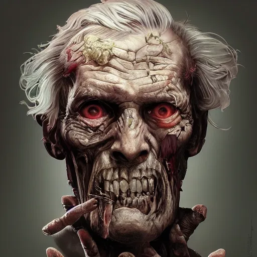 Prompt: elderly zombie man tearing off his face, intricate, art by artgerm and greg rutkowski and alphonse mucha and william - adolphe bouguereau, high detailed, 4 k,