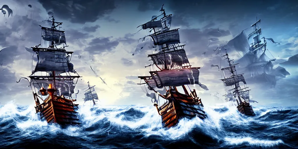 Image similar to pirate ship on rough seas, pirate ship being attacked by sea monsters, photorealistic illustration, high quality render, 8 k resolution