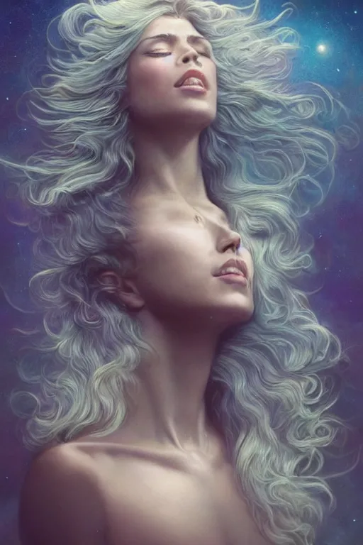 Image similar to wind blowing hair!!! meditation! a celestial psychedelic being, dreaming of the void, bust portrait, dnd, fantasy, intricate, elegant, highly detailed, digital painting, artstation, concept art, smooth, sharp focus, illustration, art by artgerm and tom bagshaw and greg rutkowski and alphonse mucha