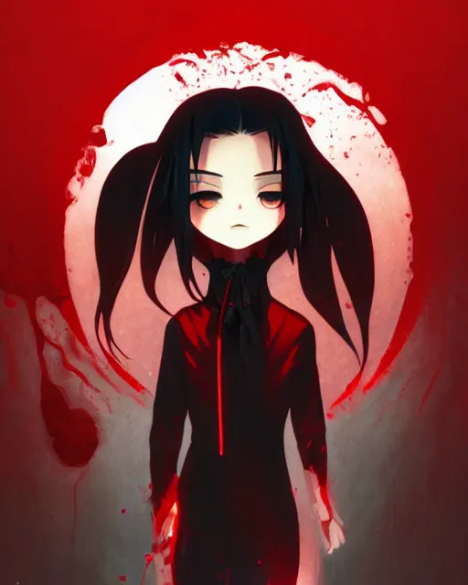 Image similar to vampire girl with wavy black hair wearing red, dark background, ink, cel shaded, anime, ilya kuvshinov, guweiz, svetlana tigai, greg rutkowski, studio trigger, ross tran, loish