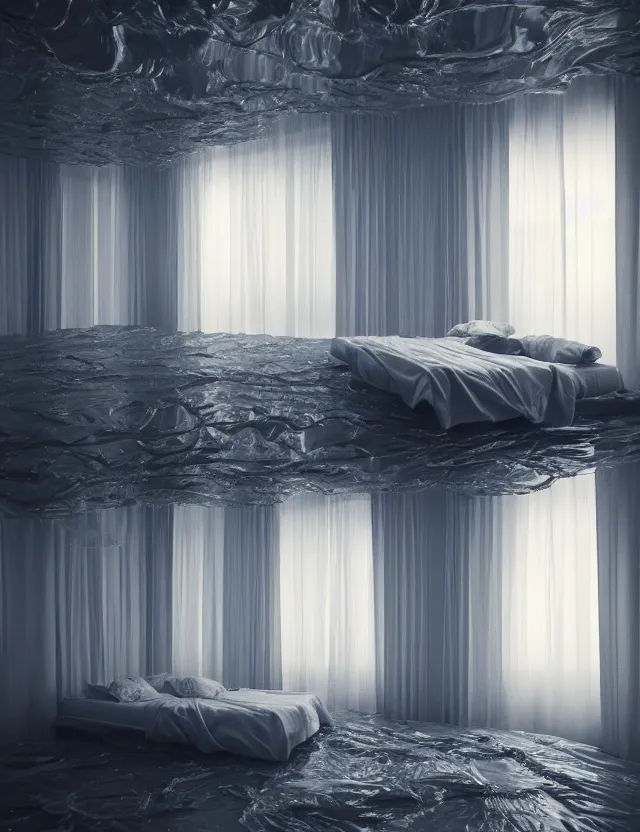 Prompt: dreamlike photo of floating bed above floor in a giant room with windows opening to eternity by andrzej sykut by lee madgewick, photorealistic, octane render, recursive!!!!, flowing, cascading, multiverse!!!!!!, labyrinthine, optical illusion, impossible angles