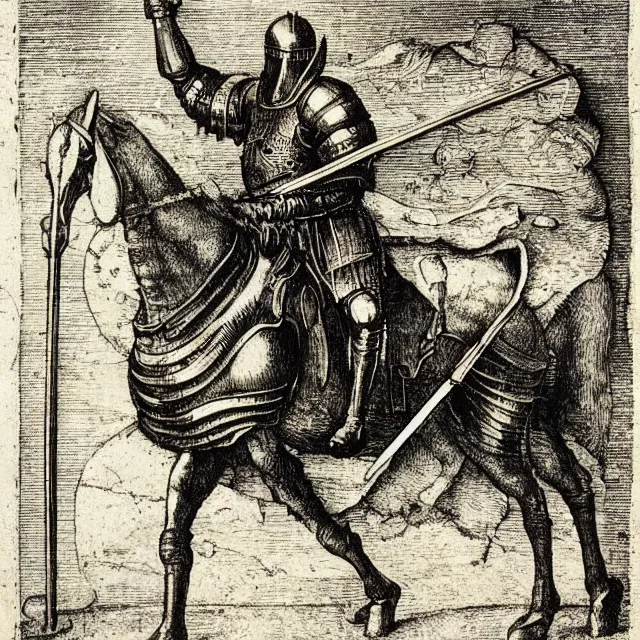 Prompt: “An engraving of a knight by Albrecht Durer (1512)”