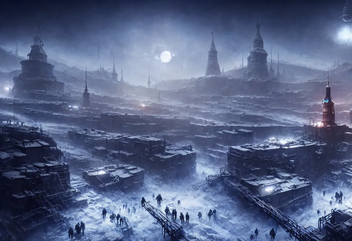Image similar to frostpunk style concept art of russian city on the moon, matte painting, beautiful render, octane render, concept art