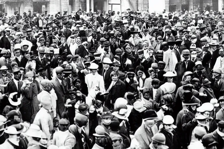 Image similar to a time traveler dressed in a futuristic experimental suit, among a crowd. in a black and white historical picture from 1 9 2 0,