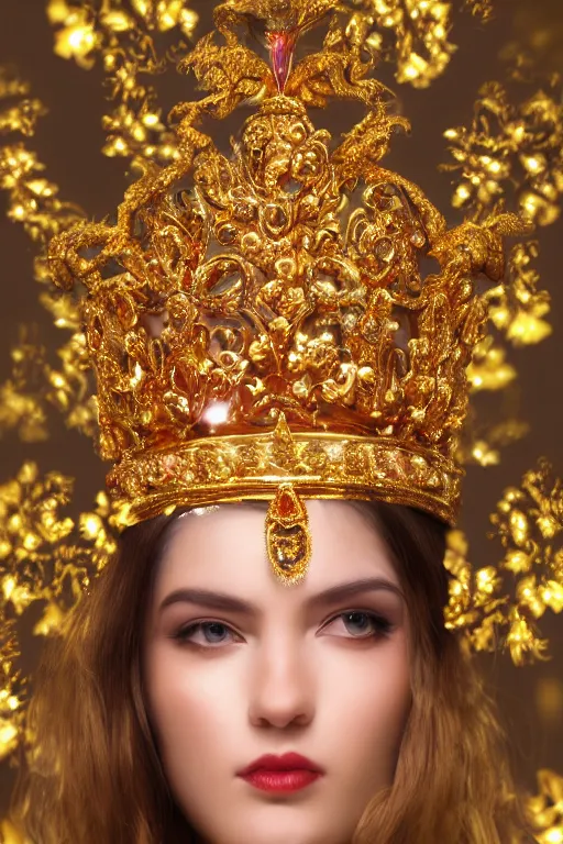 Image similar to beautiful face, gold ornaments around face, crown, flowers in the background, gold beam behind, cinematic lighting, hyper realism,