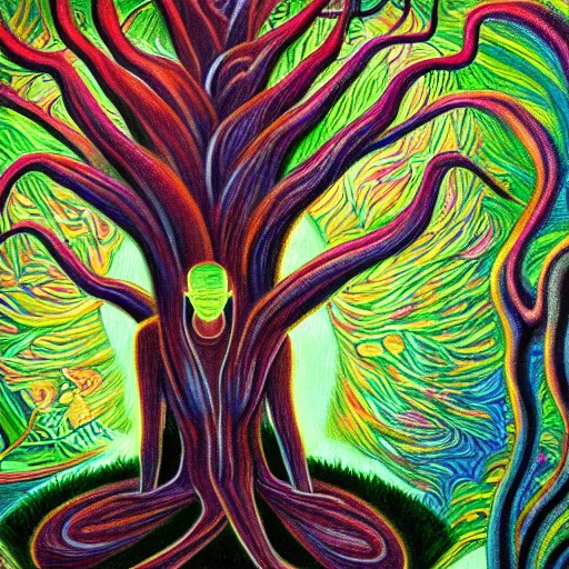 Prompt: A painting of mr mackey meditating under a tree designed by flooko, alex grey, etheral, vibrant, forest, detailed, glows,