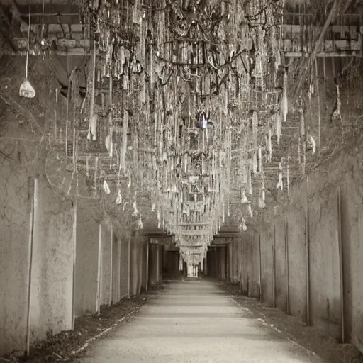 Image similar to chandeliers falling in graveyard rows, haunting