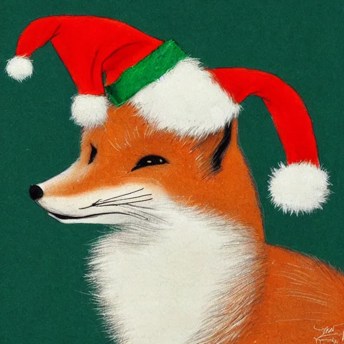 Image similar to a cute fox wearing a christmas hat by koson ohara