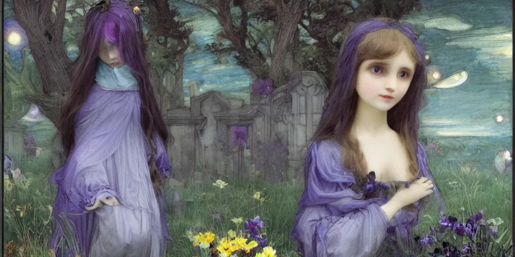 Image similar to 3 d precious moments plush / female hybrid wrapped in a muted purple shroud, sitting in a cemetery at night, under a sea of stars, ebony / periwinkle / slate blue / yellow green color palette, master painter and art style of john william waterhouse and caspar david friedrich and philipp otto runge