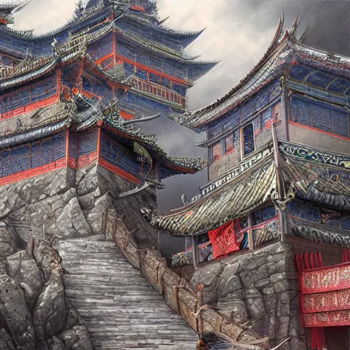 Image similar to dynamic composition, motion, ultra-detailed, incredibly detailed, a lot of details, amazing fine details and brush strokes, colorful and grayish palette, smooth, HD semirealistic anime CG concept art digital painting, watercolor oil painting of epic castle gate, from Three Kingdoms, by a Chinese artist at ArtStation, by Huang Guangjian, Fenghua Zhong, Ruan Jia, Xin Jin and Wei Chang. Realistic artwork of a Chinese videogame, gradients, gentle an harmonic grayish colors.