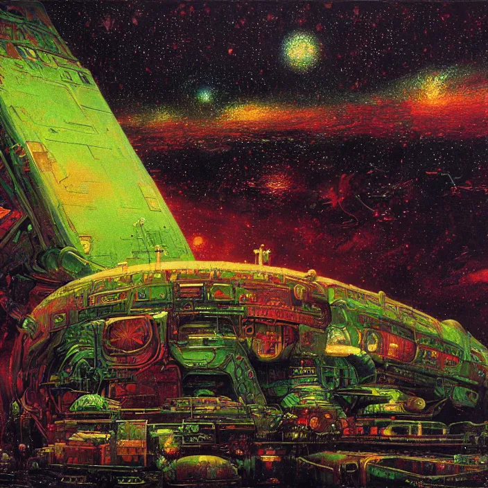 Image similar to gargantuan disappointment, red and green palette, night lights, starry sky, by ( h. r. giger ) and paul lehr