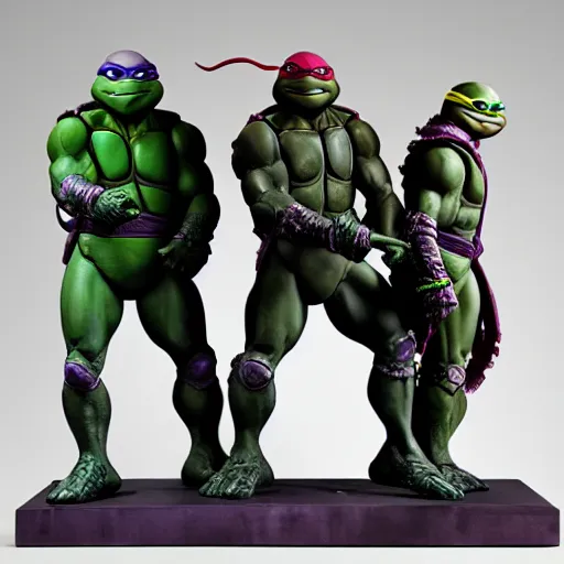 Image similar to teenage mutant ninja turtles as a sculpture by donatello, white marble, glossy, high details, cinematic