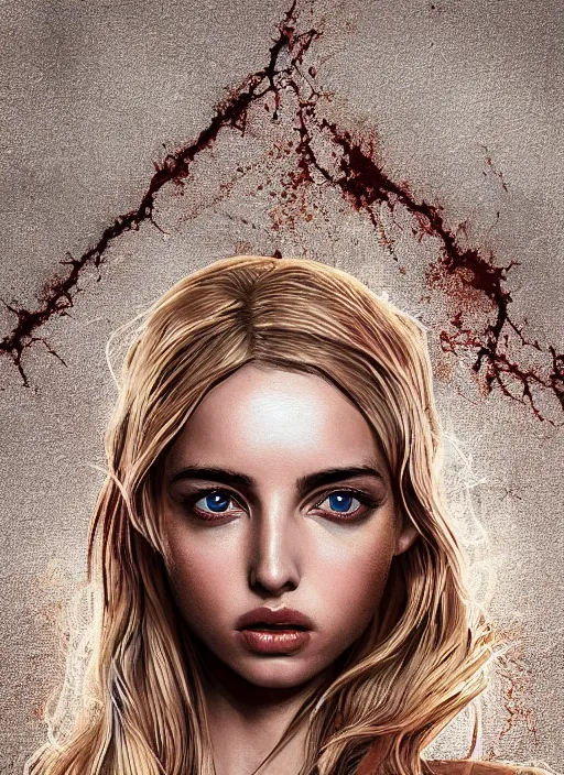 Image similar to blond girl hell spawn at the fiery pits of hell, flawless symmetrical pretty cute face, ana de armas, greg rutkowski, 8 k, shallow depth of field, intricate detail, concept art,