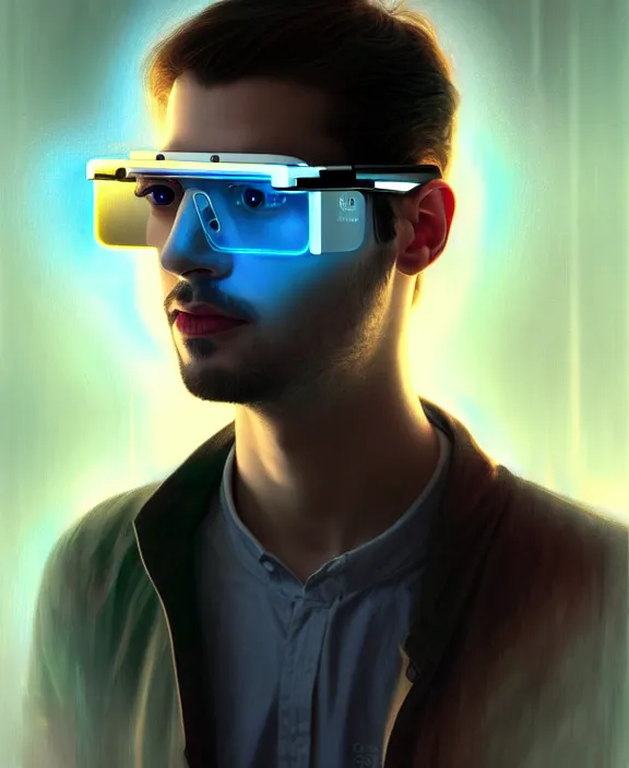 Prompt: a whirlwind inside the metaverse, guy, male, man, science, google glass, hologram, half body, neurochip, android, cyborg, cyberpunk face, by loish, d & d, fantasy, intricate, elegant, highly detailed, colorful, digital painting, artstation, concept art, art by artgerm and greg rutkowski and alphonse mucha