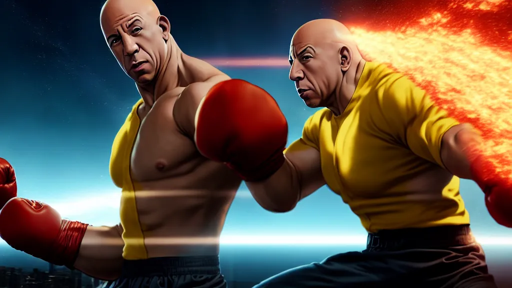 Prompt: extreme wide shot of vin diesel as saitama!!! punching!!! a car!!!!!! into space, ultra realistic, lens flare, atmosphere, glow, detailed, intricate, full of colour, cinematic lighting, trending on artstation, 4 k, hyperrealistic, focused, extreme details, unreal engine 5, cinematic, masterpiece