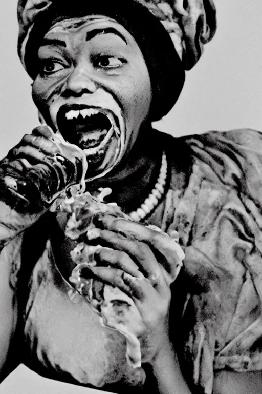 Image similar to aunt jemima covered in maple syrup horror movie cinematic