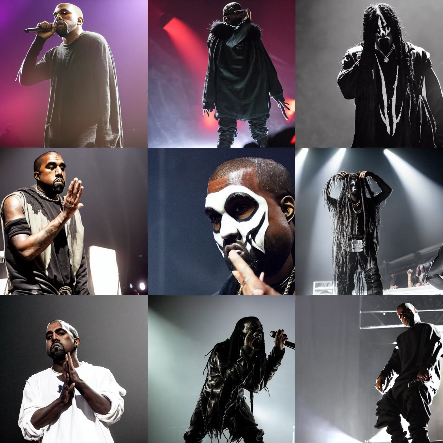 Prompt: Kanye West wearing corpse paint, performing in black metal concert