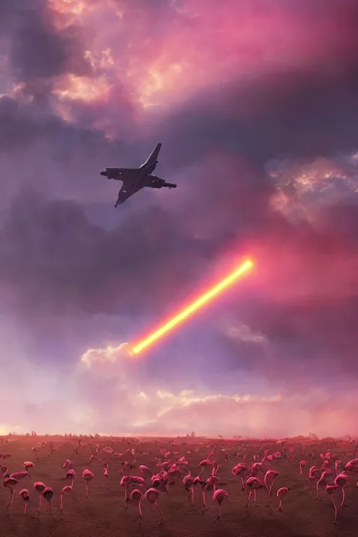 Prompt: Chewbacca standing in a hilly desert surrounded by large pink flamingos, sunset, light shines down through the clouds, jet planes fly, contrails, overhead, nature documentary, imax, digital art, still from star wars, highly detailed, directed by ridley scott