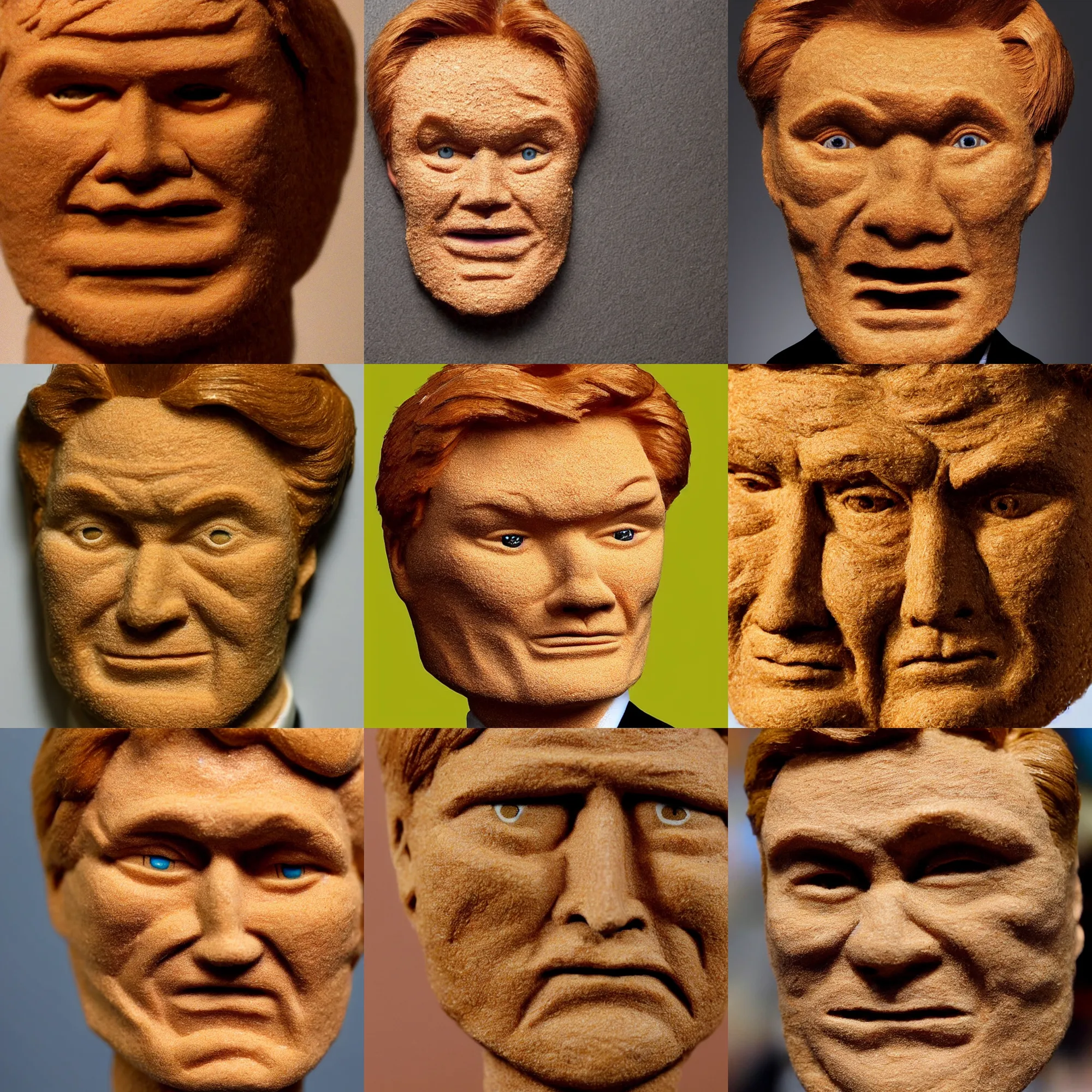 Prompt: face made of oat bran made of conan o'brien, close up, high detail photo