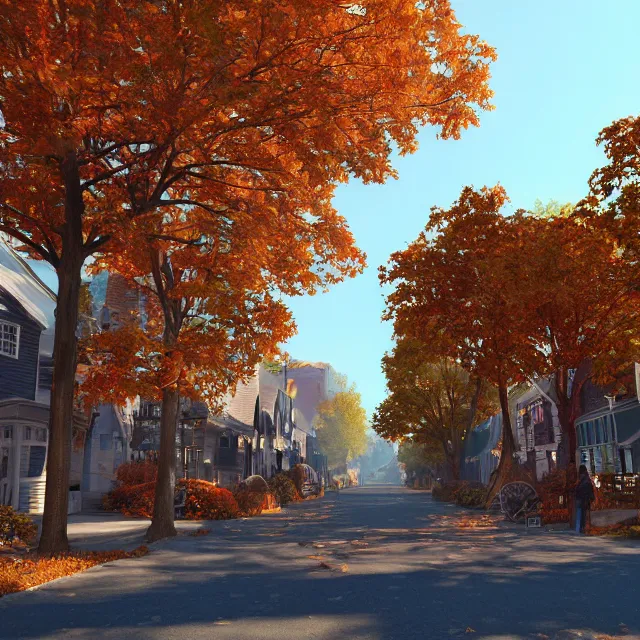 Image similar to small new england colonial city street with shops and pumpkins, maple trees with fall foliage, volumetric, realistic, cinematic lighting, ray tracing, unreal engine 5, octane render, hyper realistic, photo, 8 k