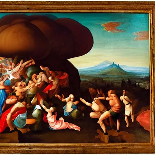 Prompt: renaissance painting of atom bomb mushroom cloud