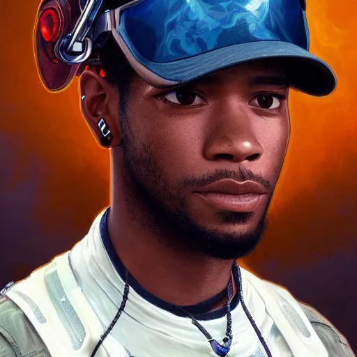 Image similar to scifi character portrait of Kid Cudi wearing a jordy leforge visor, intricate, wild, highly detailed, digital painting, artstation, concept art, smooth, sharp focus, illustration, art by artgerm and greg rutkowski and alphonse mucha