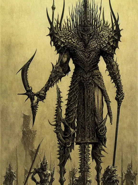 Prompt: A spiked horned semihuman with armored joints stands in a large throne room with sword in hand. Massive shoulderplates. Realistic, fantasy art, solo, masterpiece, art by Zdzisław Beksiński, Arthur Rackham, Dariusz Zawadzki