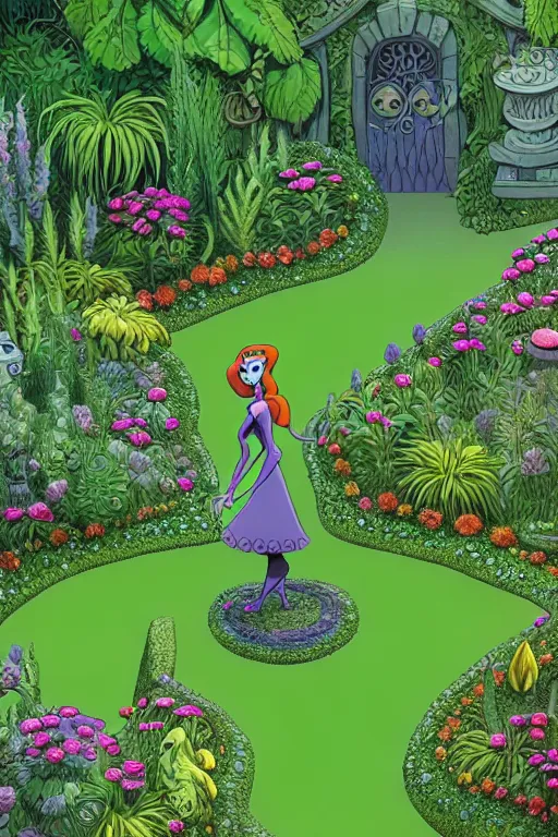 Image similar to intricate detailed Garden, Green Witch Walking her Garden, magical garden plant creatures, enchanted, life like plants, In The animation style of X-Men: The Animated Series, high detail, max upscale, 8k