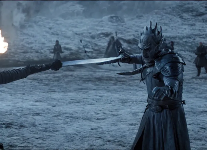 Prompt: a screenshot of walter white fighting the night king with a sword in an episode of game of thrones