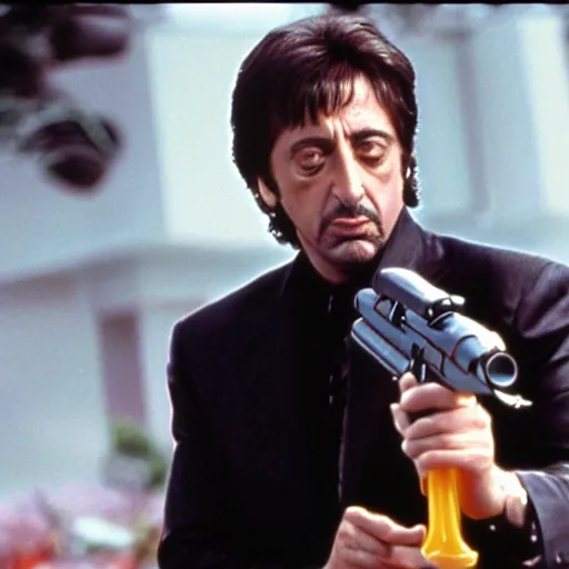 Image similar to Realistic photo of Al Pacino in Scarface, holding a Super Soaker