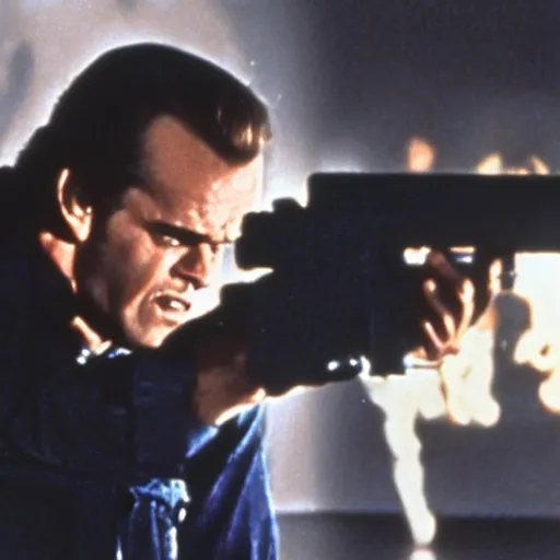 Prompt: Jack Nicholson plays Terminator, shooting from a gun, film still