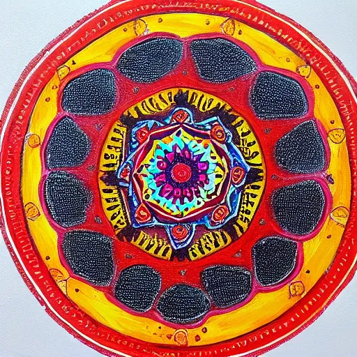 Prompt: a mandala painting in red black and yellow