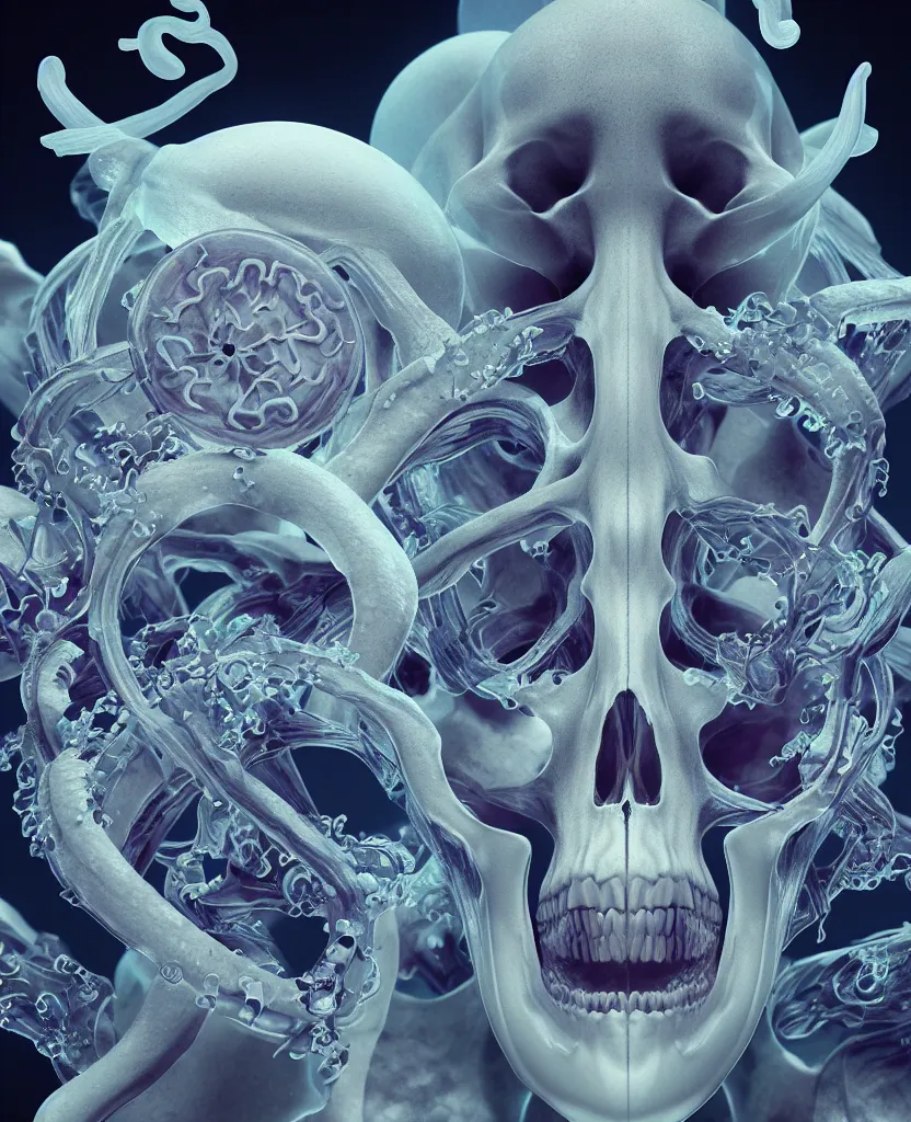 Image similar to absolute symmetry!! goddess close - up portrait human skeleton, ram skull, squid phoenix jellyfish, orchid, betta fish, bioluminiscent, intricate artwork by tooth wu and wlop and beeple. octane render, trending on artstation, greg rutkowski very coherent symmetrical artwork. cinematic, hyper realism, high detail, octane render, 8 k