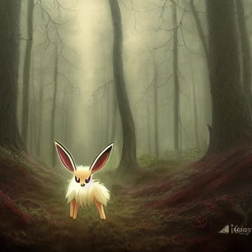 Prompt: an eevee pokemon as a cryptid in a dark ominous forest, foggy, dim lighting, artwork by andrew ferez