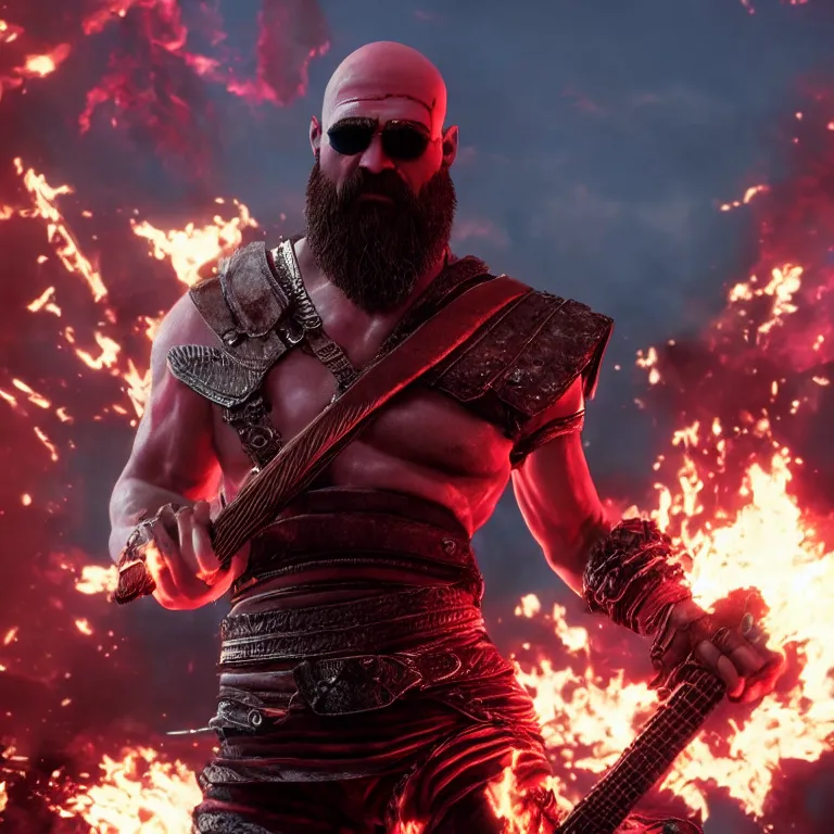 Prompt: sunglasses wearing kratos rocking out on a flaming stratocaster guitar, cinematic render, god of war 2 0 1 8, playstation studios official media, lightning, flames, red stripe, red stripe, clear, coherent